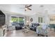 Inviting living area with contemporary furniture, a ceiling fan, and a view of the outdoors at 9151 Melody Cir, Port Charlotte, FL 33981