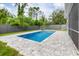 Sparkling backyard pool with paved surround, privacy fence, and a backdrop of lush greenery at 9151 Melody Cir, Port Charlotte, FL 33981