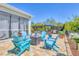 Beautiful back patio with blue Adirondack chairs and outdoor seating for entertaining at 9213 Spring Cir, Port Charlotte, FL 33981