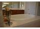Relaxing bathroom with a large soaking tub and a vanity with beautiful wood cabinets at 13550 Thoroughbred Dr, Dade City, FL 33525