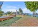 Lush backyard with a wooden deck and picnic spot, perfect for enjoying the waterfront view and Florida sunshine at 3427 Minnow Creek Dr, Hernando Beach, FL 34607