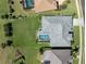 Aerial view of a home with a screened-in pool and lush green yard in a residential neighborhood at 519 Purslane Pt, Venice, FL 34293
