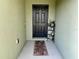 Welcoming front entryway features a decorative mat, small plants, and a black front door at 6698 Wirevine Dr, Brooksville, FL 34602