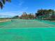 Well-maintained tennis court featuring a green playing surface, net, and fencing, ideal for sports enthusiasts at 6698 Wirevine Dr, Brooksville, FL 34602