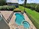 Beautiful pool and spa area with lush landscaping and a black fence surround at 7020 Hawks Harbor Cir, Bradenton, FL 34207