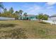 Expansive backyard featuring a vibrant home exterior, palm trees, and a white privacy fence at 11344 Gallinule Ave, Weeki Wachee, FL 34613
