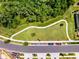 Aerial view features a community green space with walking path, mature trees, and street with parked cars at 17677 Nectar Flume Dr, Land O Lakes, FL 34637