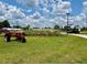 A beautifully maintained community garden with an orange tractor parked in the grass at 17677 Nectar Flume Dr, Land O Lakes, FL 34637