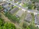 Aerial view capturing the well-maintained homes and landscape on the residential street on a bright day at 12534 Chenwood Ave, Hudson, FL 34669