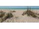 Sandy beach with grassy vegetation with clear blue ocean water in the distance at 401 Sunset Dr, Venice, FL 34285