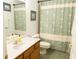 Bathroom featuring a toilet, framed art, pedestal sink with wood cabinet, and palm tree shower curtain at 26620 Shoregrass Dr, Wesley Chapel, FL 33544
