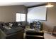 A cozy living room features a projector screen and comfortable sectional couch at 26620 Shoregrass Dr, Wesley Chapel, FL 33544