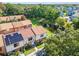 Birds eye view of townhomes overlooking a pond and green space, showcasing the community's serene setting at 3401 Sunrise Villas S Ct, Tampa, FL 33614