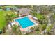 Community aerial view showing a pool, tennis courts, and clubhouse surrounded by lush greenery and palm trees at 4808 111Th E Ter, Parrish, FL 34219