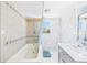 Well-lit bathroom with a soaking tub, walk-in shower, vanity, and a blue rug at 13116 Boca Ciega Ave, Madeira Beach, FL 33708