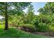 Beautiful landscaped backyard with green lawn, plants, and mature trees at 1188 Royal Blvd, Palm Harbor, FL 34684
