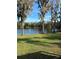 Lush backyard view with lake and mature trees draped with spanish moss on a sunny day at 18101 Boy Scout Rd, Odessa, FL 33556