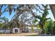 Backyard featuring multiple outbuildings surrounded by trees and lush landscaping at 18101 Boy Scout Rd, Odessa, FL 33556