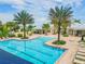 Aerial view of a large community pool with tanning chairs, palm trees, and nearby buildings at 13201 Orca Sound Dr, Riverview, FL 33579