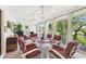 Sunroom with glass table, six chairs, and many windows with views of the landscaped backyard at 6948 W Country Club N Dr, Sarasota, FL 34243