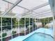 View of blue pool, screened and covered with view of tall plants and trees at 5260 42Nd S St, St Petersburg, FL 33711