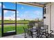 Relaxing screened-in patio featuring outdoor seating overlooking a grassy lawn and beautiful pond at 11658 Bluestone Ct, Parrish, FL 34219