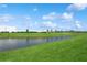 Scenic view of a serene pond surrounded by lush green grass and landscaping at 11658 Bluestone Ct, Parrish, FL 34219