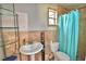 Bathroom features a pedestal sink, toilet, and a shower with a teal curtain at 1413 May St, Lutz, FL 33548