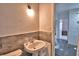 Bathroom features a pedestal sink with dark marbled base and access to hallway at 1413 May St, Lutz, FL 33548