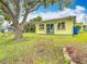 Backyard view of the home featuring a well-maintained lawn, sliding glass doors, and mature trees at 4745 Floramar Ter, New Port Richey, FL 34652