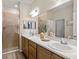 Well-lit bathroom features a double sink vanity, a walk-in shower, and wooden cabinets at 2432 White Ladyfish Rd, Wimauma, FL 33598