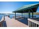 Covered gazebo on the pier features bench seating and stunning views of the lake and fountain at 2909 Sutton Oaks Ct, Plant City, FL 33566