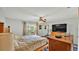 Well-lit bedroom features a wood bed, ceiling fan, ample closet space, and large window views at 4142 El Shaddiai Sq, Plant City, FL 33565