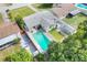Aerial view of a backyard with a bright blue in-ground pool, a deck, a patio, and a well maintained lawn at 13032 Cumberland Dr, Largo, FL 33773