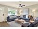 Bright living room with two couches, a coffee table, and a large window at 13032 Cumberland Dr, Largo, FL 33773
