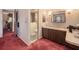 Traditional bathroom featuring a single vanity, a built-in tub with shower, and red carpet flooring at 18818 Dorman Rd, Lithia, FL 33547