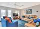 Comfortable living room with leather sofa, blue chairs, ceiling fan, and bright natural light at 4116 4Th Ne Ave, Bradenton, FL 34208