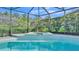 A close up of a screened in pool with a hot tub area that has pretty patterned tiling at 15706 Starling Water Dr, Lithia, FL 33547
