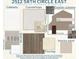 Selection of designer color schemes showcasing exterior and interior paint, cabinetry, flooring, and countertops at 2512 58Th E Cir, Palmetto, FL 34221