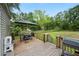 Back deck with an umbrella-covered table and grill, overlooking the expansive backyard at 6433 Mangrove Dr, Wesley Chapel, FL 33544