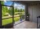 Relaxing screened porch with a view of the pond, landscaping, and nature at 10642 Lake Montauk Dr, Riverview, FL 33578