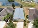 Aerial view of a neatly maintained home with a pond in the backyard, surrounded by lush greenery at 12654 Belcroft Dr, Riverview, FL 33579