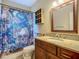 Bathroom with decorated shower curtain, granite vanity and sink, and shelf storage at 3620 Cordgrass Dr, Valrico, FL 33596