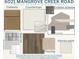 A collection of paint and material samples show the exterior and interior finish color scheme at 6021 Mangrove Creek Rd, Wimauma, FL 33598