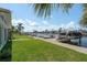 Green backyard lawn leading to dock offering beautiful views and access to the water at 3626 Corsair Ct, New Port Richey, FL 34652