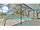 Outdoor screened-in pool with patio area and open views of green landscaping at 5370 Boxtree Ct, Dade City, FL 33523