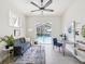 Cozy living room with a blue sofa, patterned rug, and a view of the pool at 5903 Cachette De Riviera Ct, New Port Richey, FL 34655