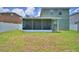 Enjoy the green backyard featuring a screened patio, white fence, and shed at 2721 Walden Woods Dr, Plant City, FL 33566