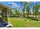 View of the backyard with lush green grass, a screened-in patio, and trees lining the back of the property at 34852 Teeview Ln, Zephyrhills, FL 33541