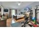 A well-lit bedroom featuring a dark wood bed, television, and workout equipment at 34852 Teeview Ln, Zephyrhills, FL 33541